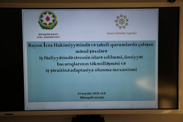Binəqədi Rayon İcra Hakimiyyətində “Konstitusiya və Suverenlik İli” çərçivəsində  “Rayon İcra Hakimiyyətində və tabeli qurumlarda çalışan məsul şəxslərə iş fəaliyyətində stressin idarə edilməsi, ünsiyyət bacarıqlarının təkmilləşməsi və iş şəraitinə adaptasiya olunma mexanizmi” mövzusunda təlim keçirildi
